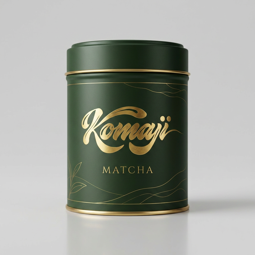 Komaji matcha tin, deep forest green with gold wordmark.