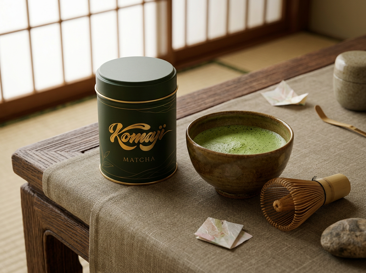 Whisked matcha in a dark ceramic bowl beside a bamboo chasen.