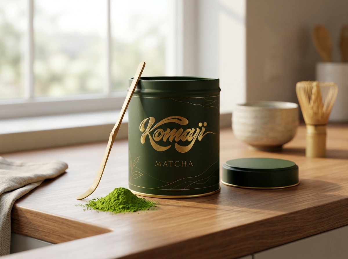 Overhead of whisked matcha in a dark chawan with a bamboo whisk.
