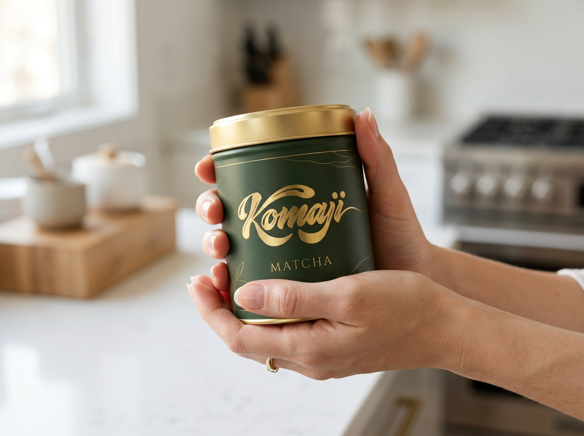 Komaji ceremonial matcha tin beside a mound of vivid emerald matcha powder on rice-paper ivory.