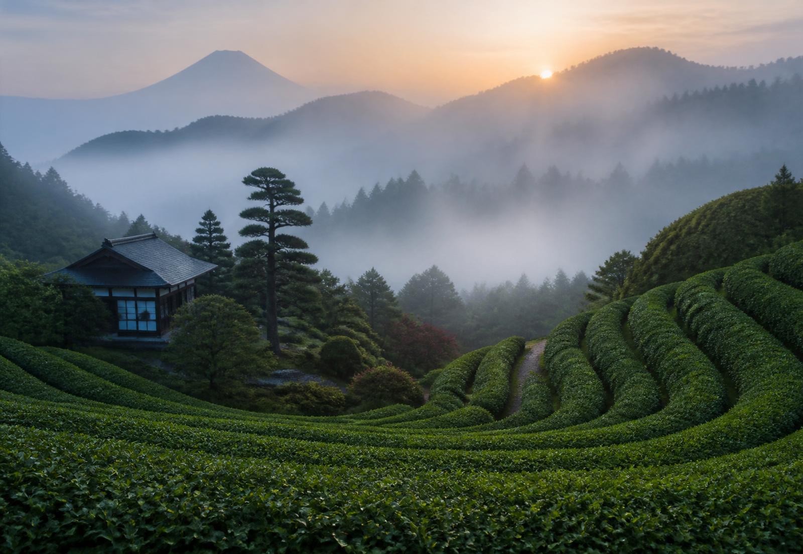 Misty terraced Japanese tea fields at dawn.